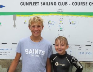 Winners of the second Topaz class race:  Thomas Aiken and his eight year old crew George Smith.