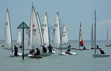 Competitors crowd the start line on the second race